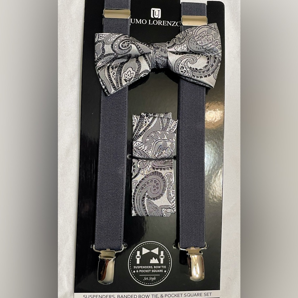 MENS Paisley Bow Tie Hanky & suspenders 3pc set NEW